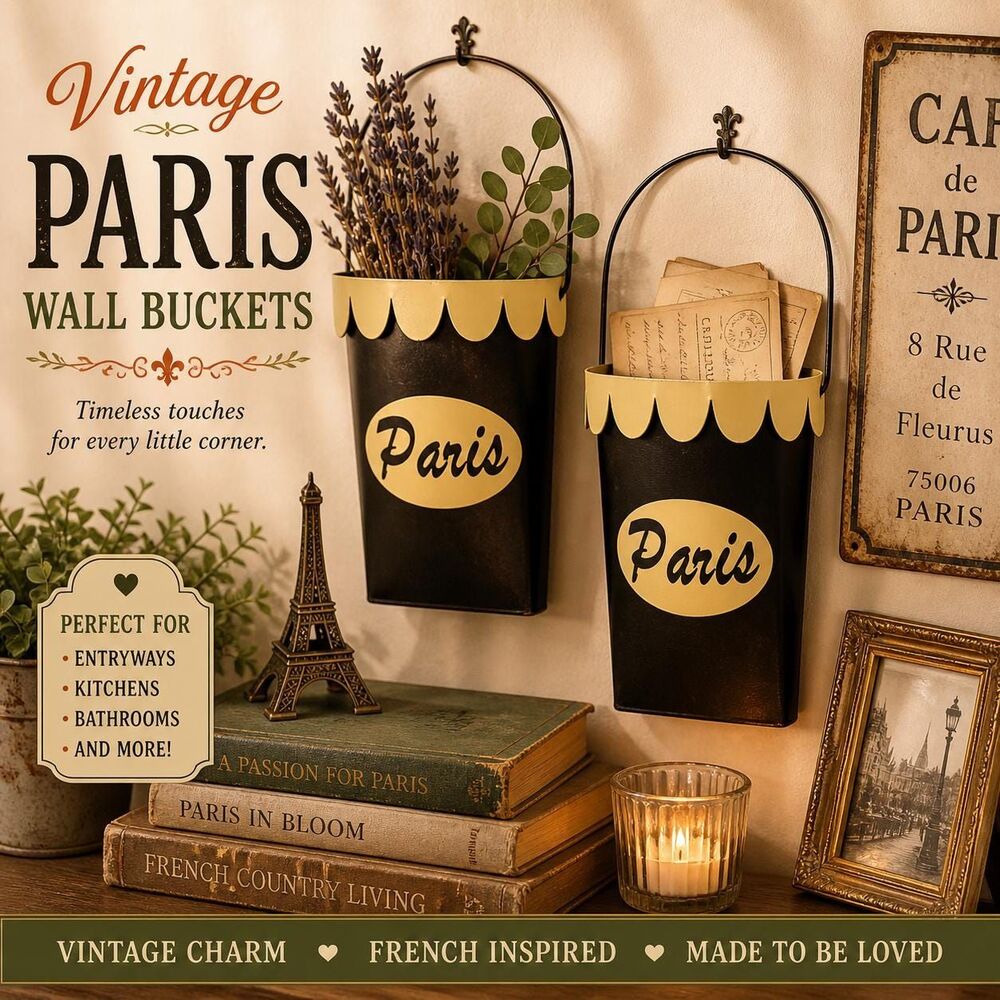 Vintage Paris Metal Buckets Set of 2 | French Cottage Decor | Flower Holder | Pa